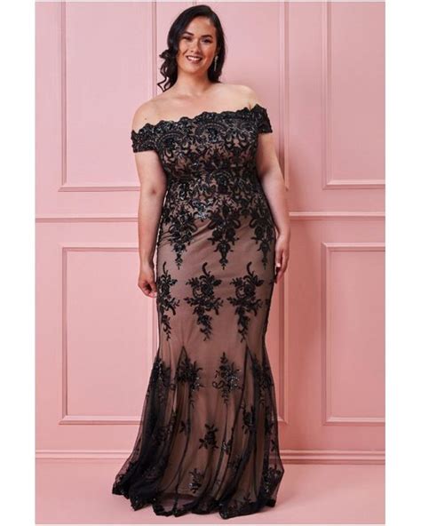 Goddiva Plus Scalloped Neck Sequin And Lace Maxi Dress In Black Lyst