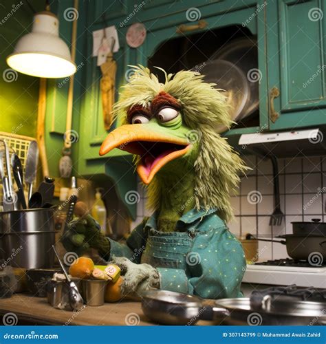 Muppet Metaphorical Green Color Chicken Making Something In Kitchen