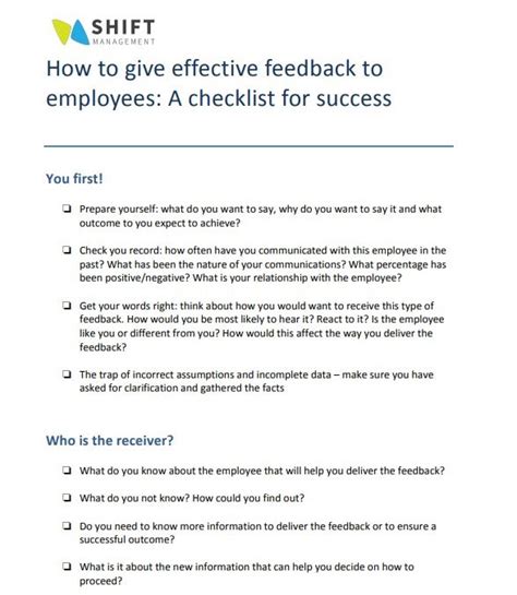 Tip Sheet How To Give Effective Feedback To Employees · Shiftworkplace