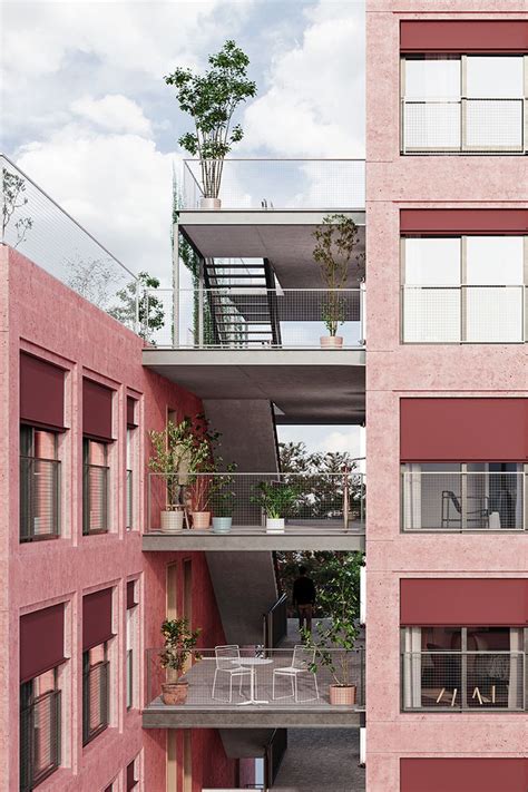 Two Tall Buildings With Balconies And Plants On The Balconys Are Shown