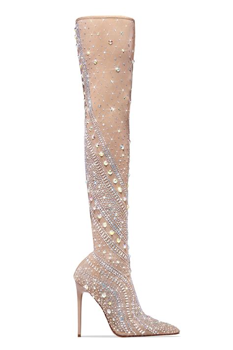 Miss Lola Nude Embellished Over The Knee Boots Over The Knee Boots Knee Boots Shoes Heels