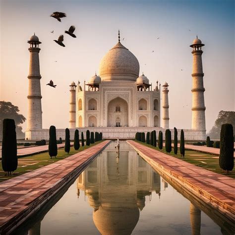 Una Vista Frontal Y Lateral Del Taj Mahal Hd Foto Premium