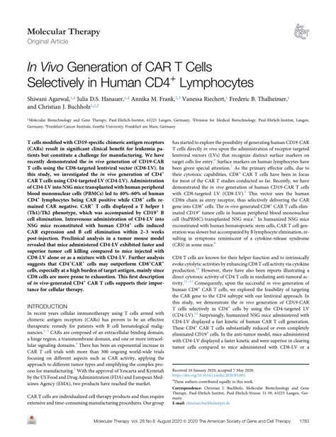 Pdf Invivo Generation Of Car T Cells Selectively In Human Cd4