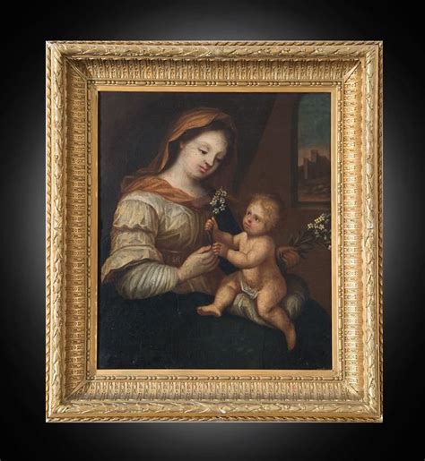 Dipinto Antico Olio Su Tela Raffigurante Madonna Col Bambino Grand