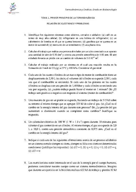 Tema 1 Ejercicios Apuntes Termodinámica Y Cinética Grado En Biotecnología Tema 1 Primer