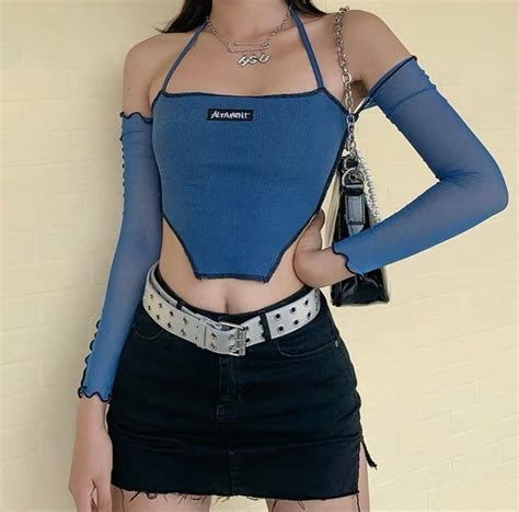 Blue Off Shoulder Halter Neck Top Mesh Crop Top Y2k 2000s E Etsy