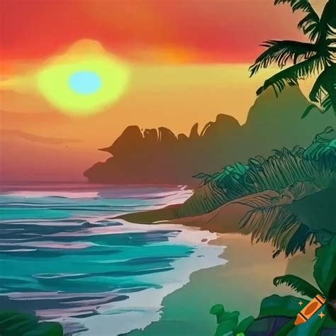 Give Me A Detailed Drawing Of A Sandy Beach At The Edge Of A Jungle