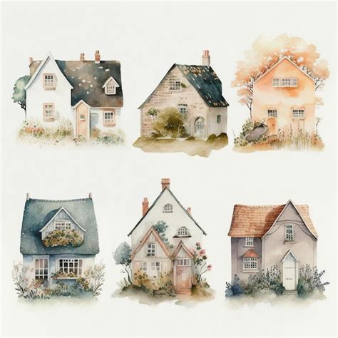 Premium Photo Collection Of Pretty Delicate Watercolor Cottages Each