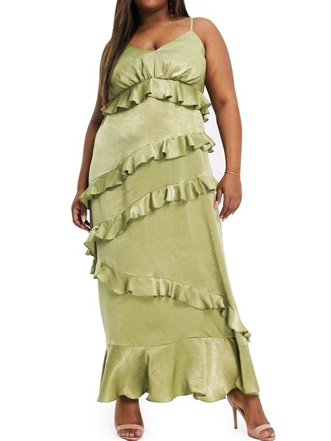 Plus Size Satin Maxi Dress For Women All Over Ruffle Cami Dresses