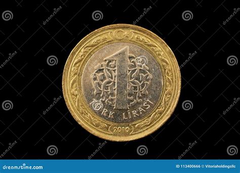 Turkish One Lira Bimetallic Coin Isolated On Black Stock Photo Image