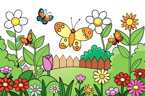 Cute Cartoon Garden With Blooming Flowers Playful Butterflies And A