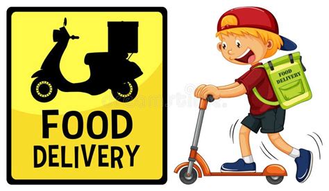 Food Delivery Logo With Delivery Man Or Courier Riding On Scooter Stock