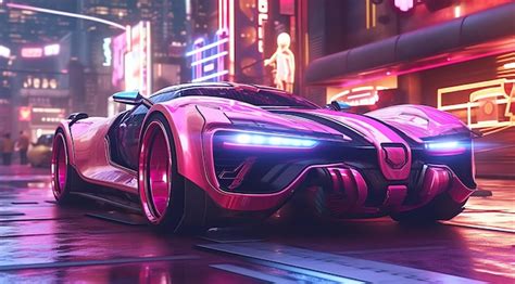 Premium AI Image | A pink car in the city with neon lights.