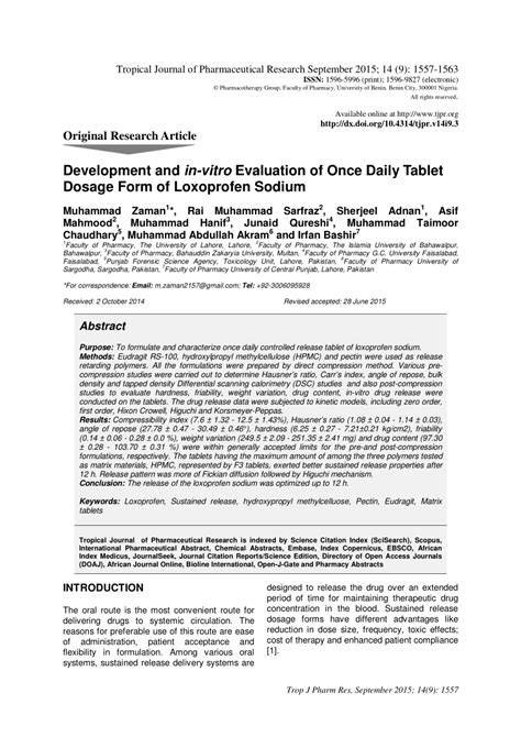 (PDF) Development and in-vitro Evaluation of Once Daily Tablet Dosage Form of Loxoprofen Sodium