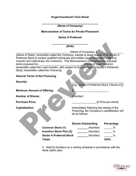 Investor Term Sheet Template For Lease In Fulton US Legal Forms