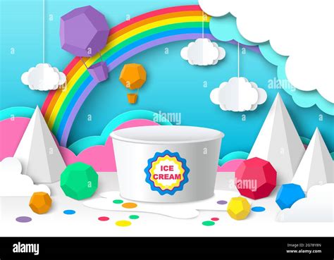 Maqueta De Cubo De Plástico Helado Papel Cortado Cielo Nubes Arco Iris Ilustración Vectorial