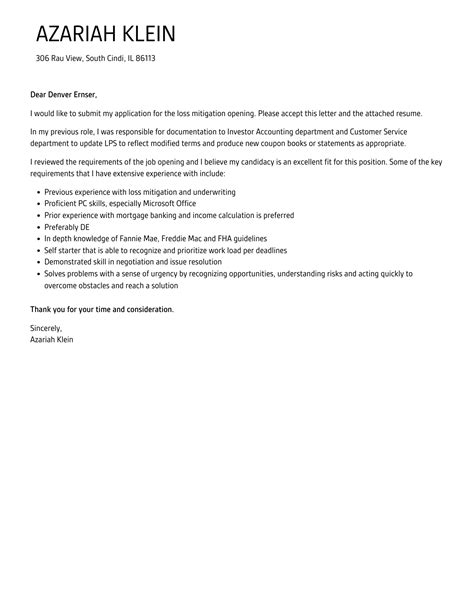 Loss Mitigation Cover Letter Velvet Jobs