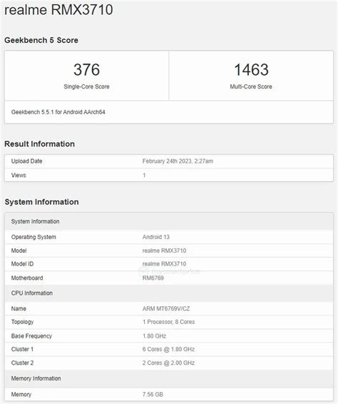 Realme C55 xuất hiện trên Geekbench với bộ vi xử lý MediaTek Helio G85