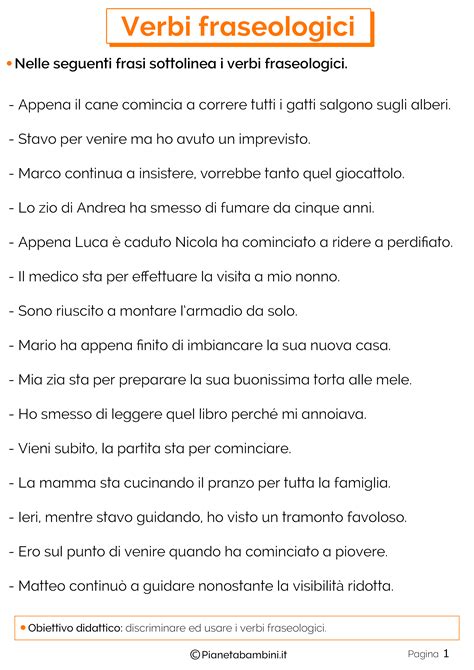 Verbi Fraseologici Esercizi Per La Scuola Primaria Pianetabambiniit