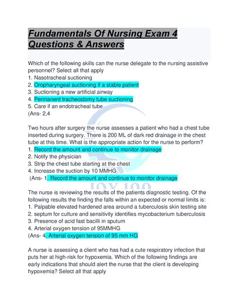 Exam 4 Fundamentals Of Nursing Exam 4 Questions And Answers Latest