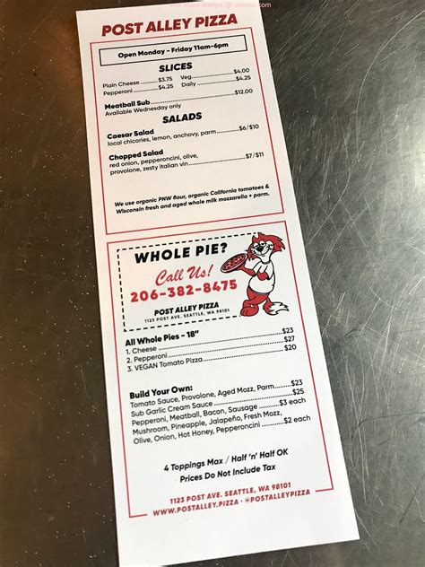 Online Menu of Post Alley Pizza Restaurant, Seattle, Washington, 98101