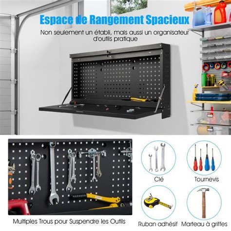 COSTWAY Panneau Perforé Mural Porte Outils Pliante 2 en 1 avec Tablette