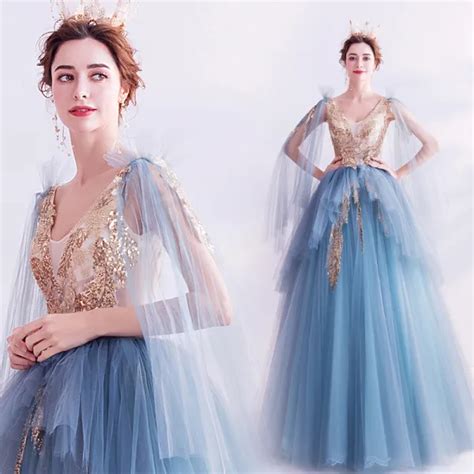 Fashion Pool Blue Prom Dresses 2020 A Line Princess V Neck Beading