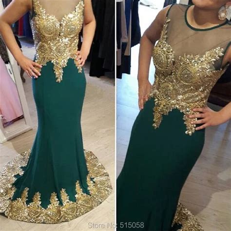 Buy Gold Embroidery Crystal Beaded Long Emerald Green Prom Dresses Mermaid