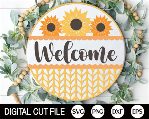 Fall Welcome Sign Round Sunflower Door Hanger Svg Autumn Sign Svg