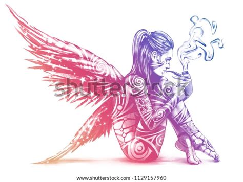 Naked Angel Sitting Smoking Pipe Stock Illustration Shutterstock