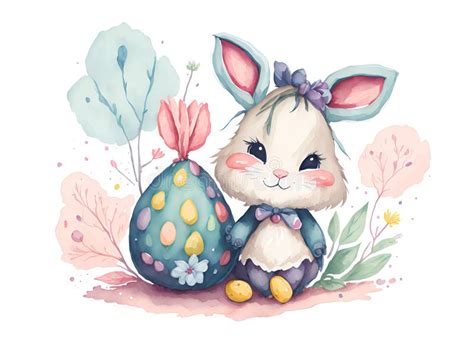 Watercolor Spring Illustrated Postcard Of Cute Bunny With Easter Eggs