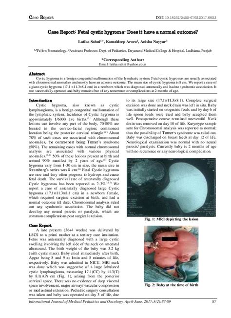 Pdf Case Report Fetal Cystic Hygroma Does It Have A Normal Outcome Ip Innovative