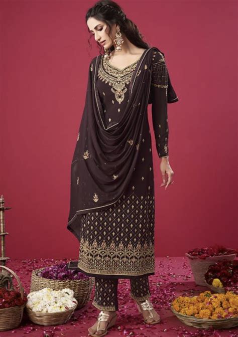 Brown Georgette Straight Cut Pant Suit Salwar Kameez Designer Collection