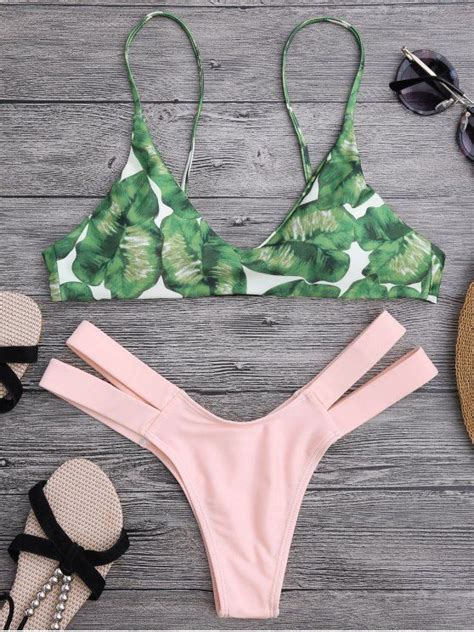 Palm Tree Bikini Top And Bandage Swim Bottoms Shallow Pink S