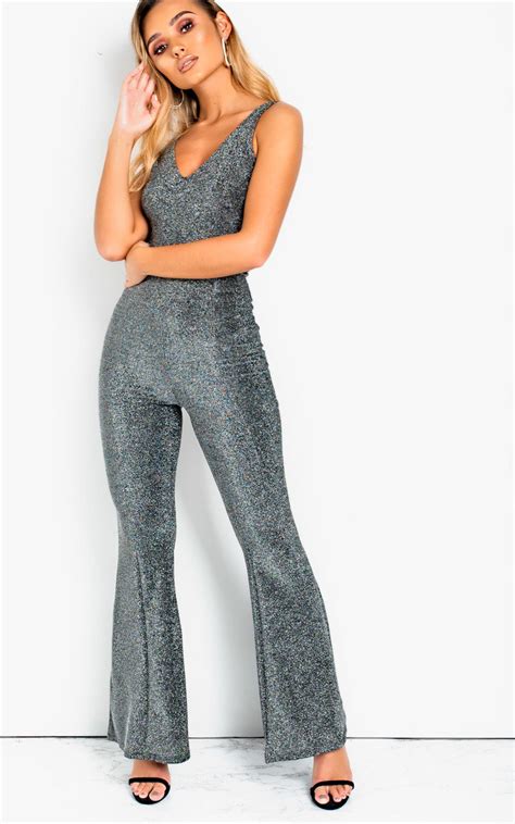 Nova Wide Leg Shimmer Jumpsuit In Silver Ikrush