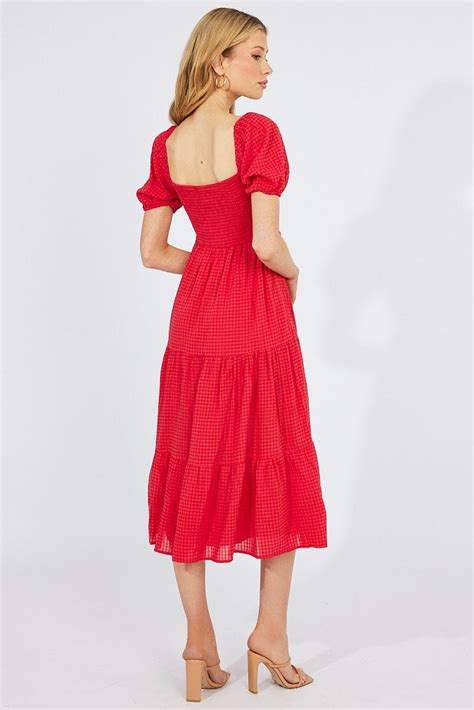 Red Midi Dress Short Sleeve Shirred Ally Fashion