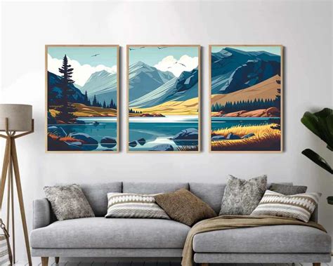 Mountain Lake Landscape Wall Art Abstract Mountain Print Set 3 Piece