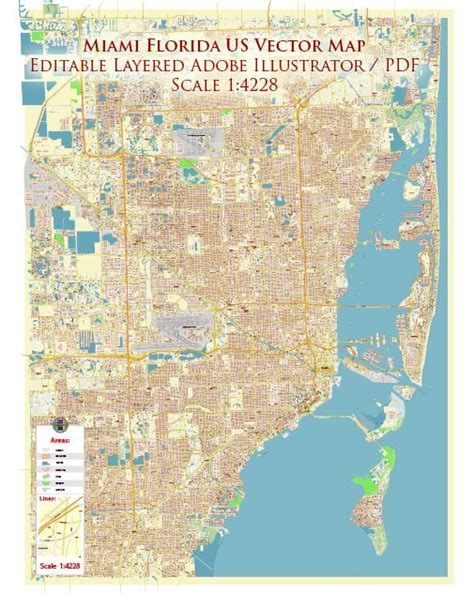 Miami Florida Us Map Vector Exact High Detailed City Plan Editable