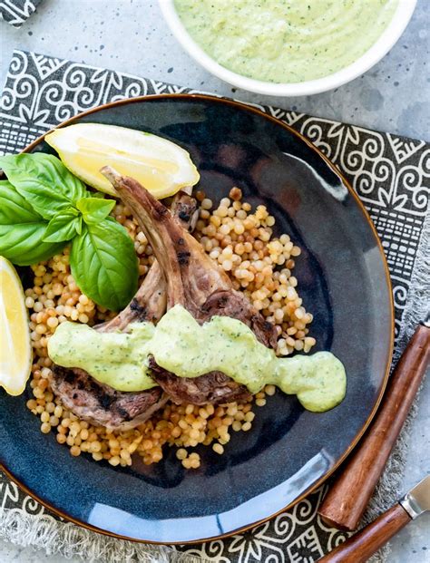 Magical Herb Tahini Grilled Lamb Chops With Israeli Couscous Grilled