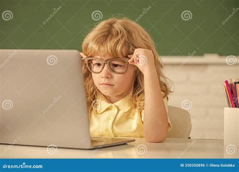 Smart Nerd Kid In Glasses With Laptop September 1 E Learning Child