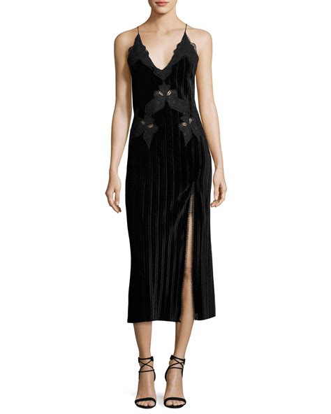 Jonathan Simkhai Crinkled Velvet Applique Deep V Midi Dress Black