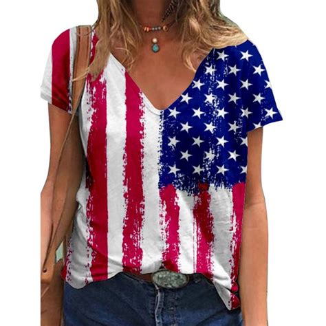 Springttc Women American Flag Print 4th Of July Tee Casual Summer V