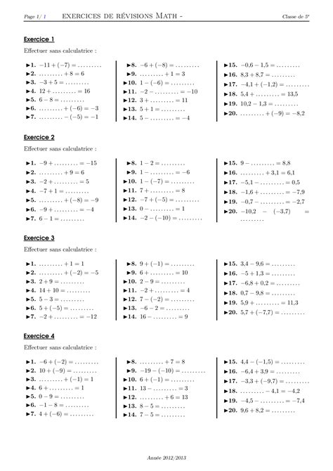 Nombres relatifs 5ème exercices corrigés Dyrassa