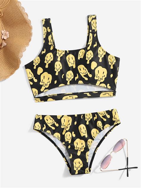 Street Life Bañador bikini con estampado de cara de dibujos animados con abertura Multicolor