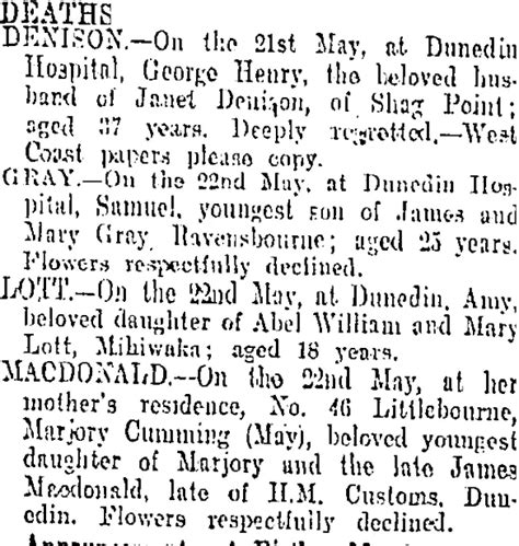 Deaths Otago Daily Times 23 5 1907 Items National Library Of New Zealand National