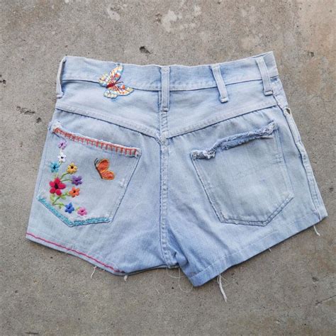 1960s 70s Hippie Hand Embroidered Denim Shorts Gem