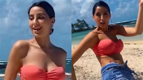 Viral Nora Fatehi Strapless Bralette And Beach Dance Iwmbuzz