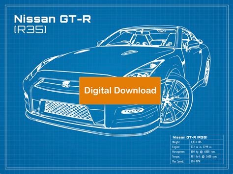 Nissan Gt R R35 Blueprint Poster 18x24 Jpeg Image File Etsy Finland