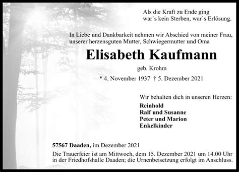 Traueranzeigen Von Elisabeth Kaufmann Rz Trauer De