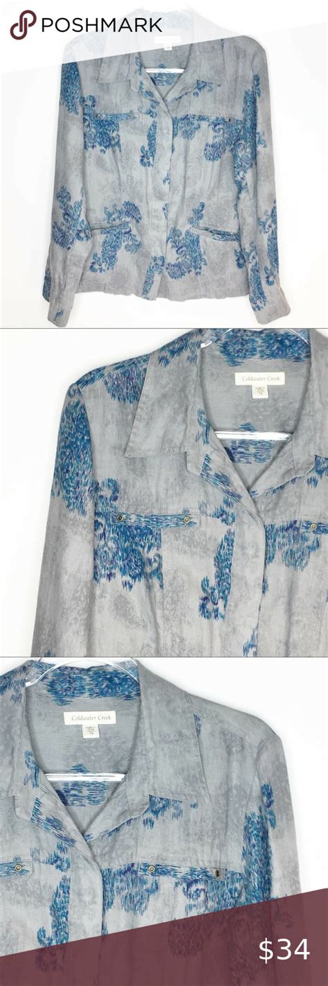 Coldwater Creek Womens Floral Ikat Jacket Blazer Linen Blue Gray Sz 16